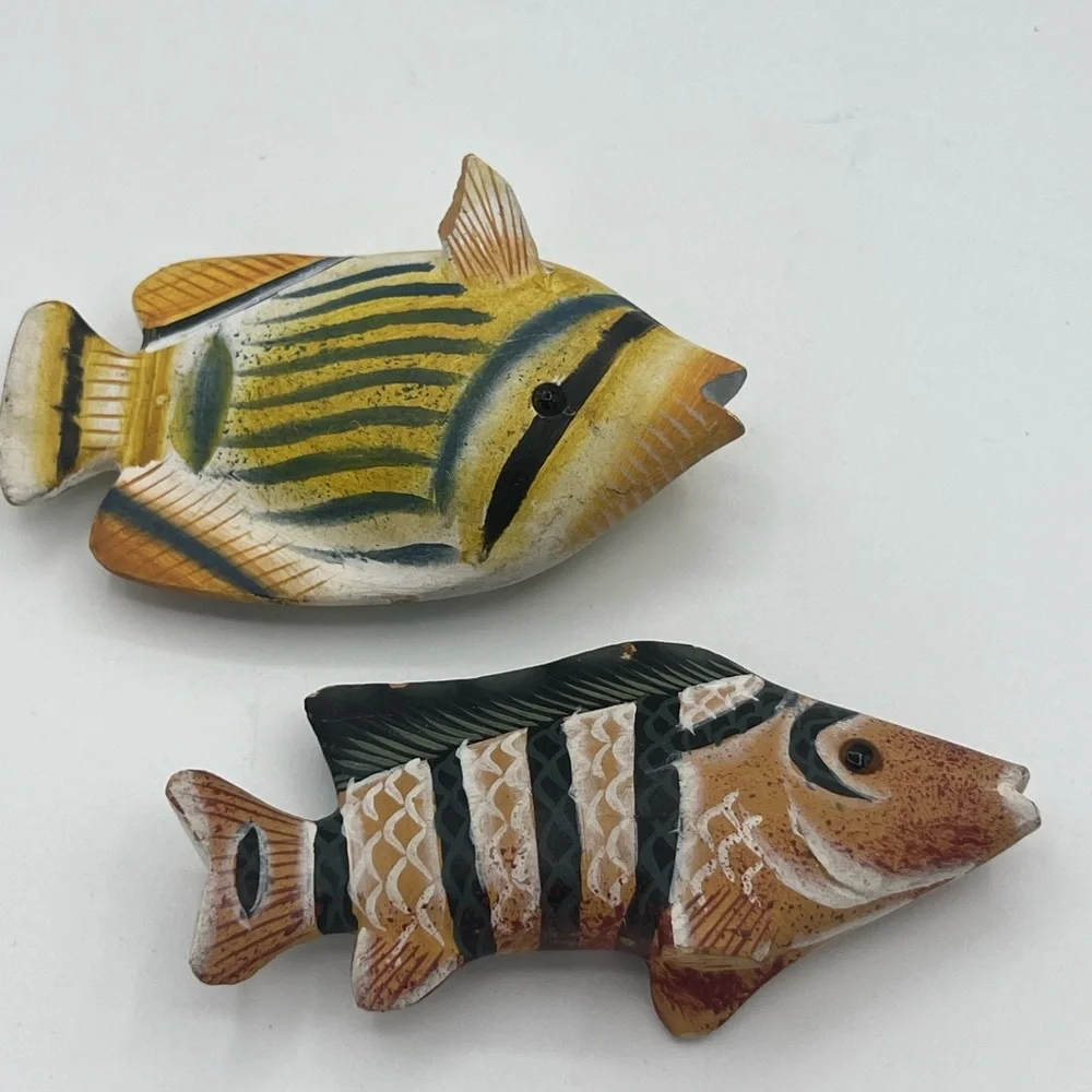 Vintage Tropical Wood Hand Carved & Painted 6-8” Tall Set Of 2